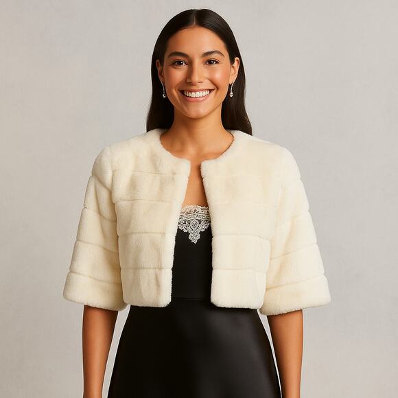 WHITE HOUSE BLACK MARKET Faux Fur Cropped Cape Bolero Jacket Ivory Cream Size M - Picture 1 of 9